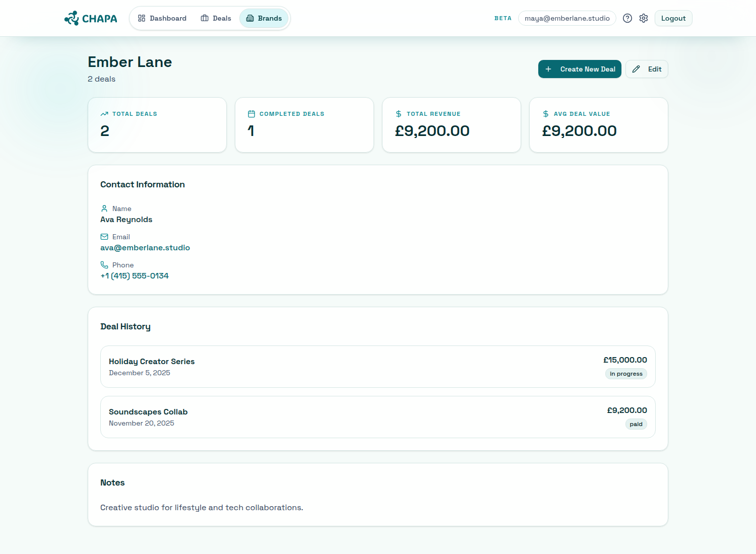 Brand details screen from CHAPA